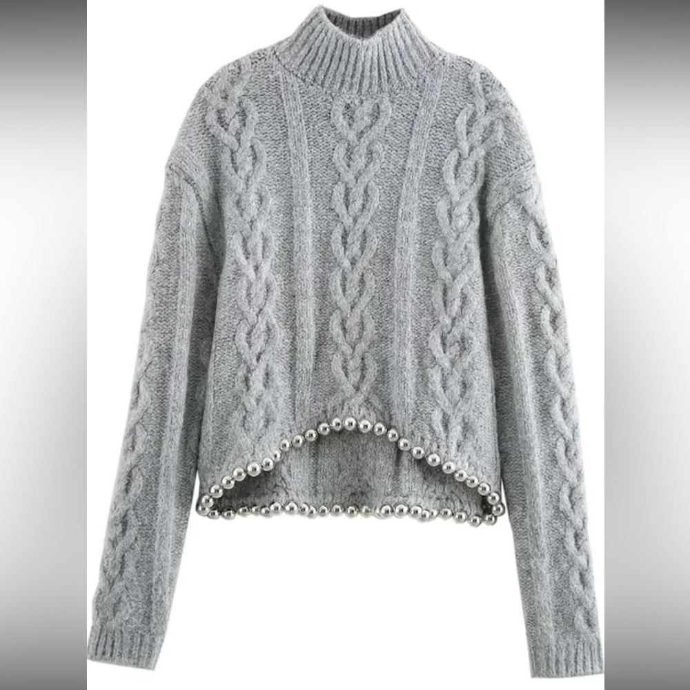 Zara Gray Cable Knit Turtleneck Sweater with Beaded Detail